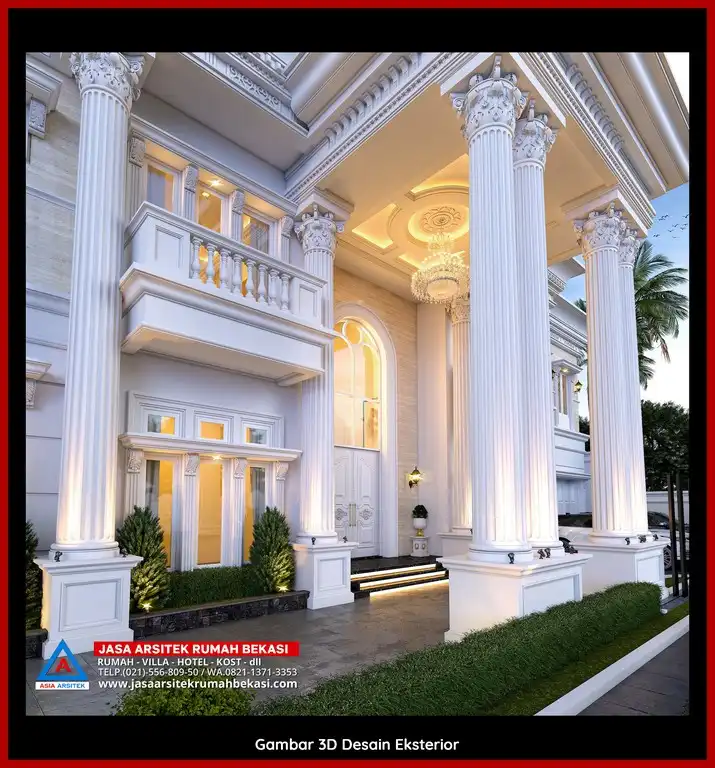 Visualisasi 3D arsitek rumah klasik bergaya Eropa di Jatisari Bekasi dengan ornamen mewah