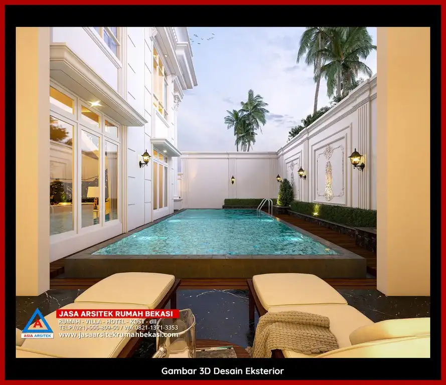 Visualisasi 3D arsitek rumah klasik bergaya Eropa di Jatisari Bekasi dengan ornamen mewah
