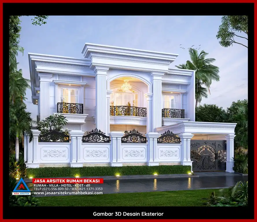 Desain Arsitek 3D rumah klasik 2 lantai di Jatiwaringin Bekasi dengan nuansa mewah dan timeless