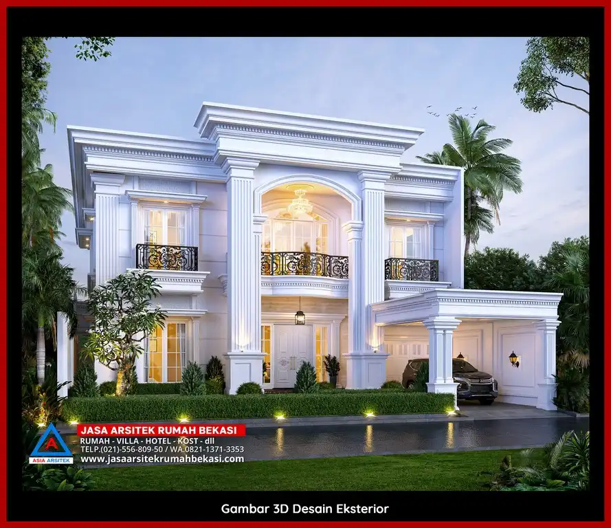Desain Arsitek 3D rumah klasik 2 lantai di Jatiwaringin Bekasi dengan nuansa mewah dan timeless