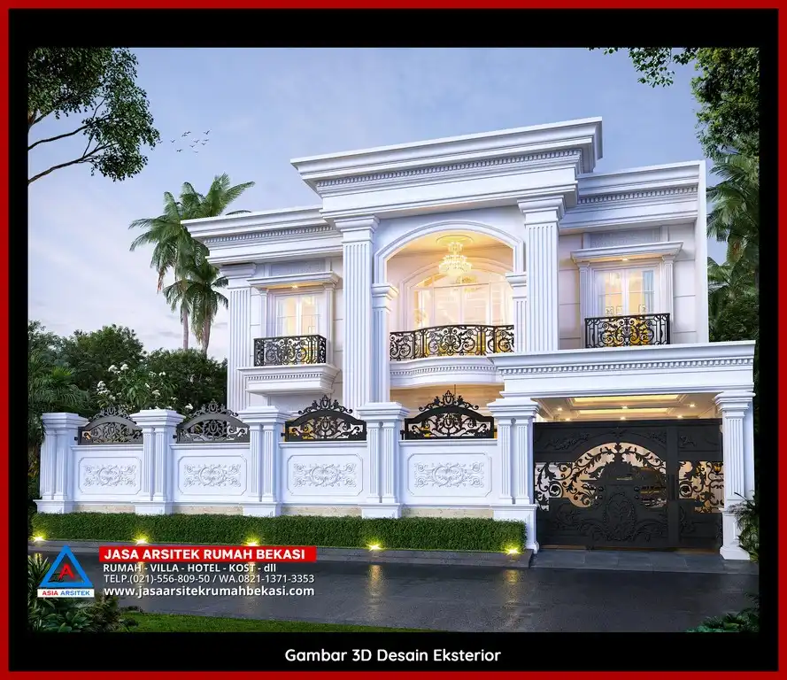 Desain Arsitek 3D rumah klasik 2 lantai di Jatiwaringin Bekasi dengan nuansa mewah dan timeless