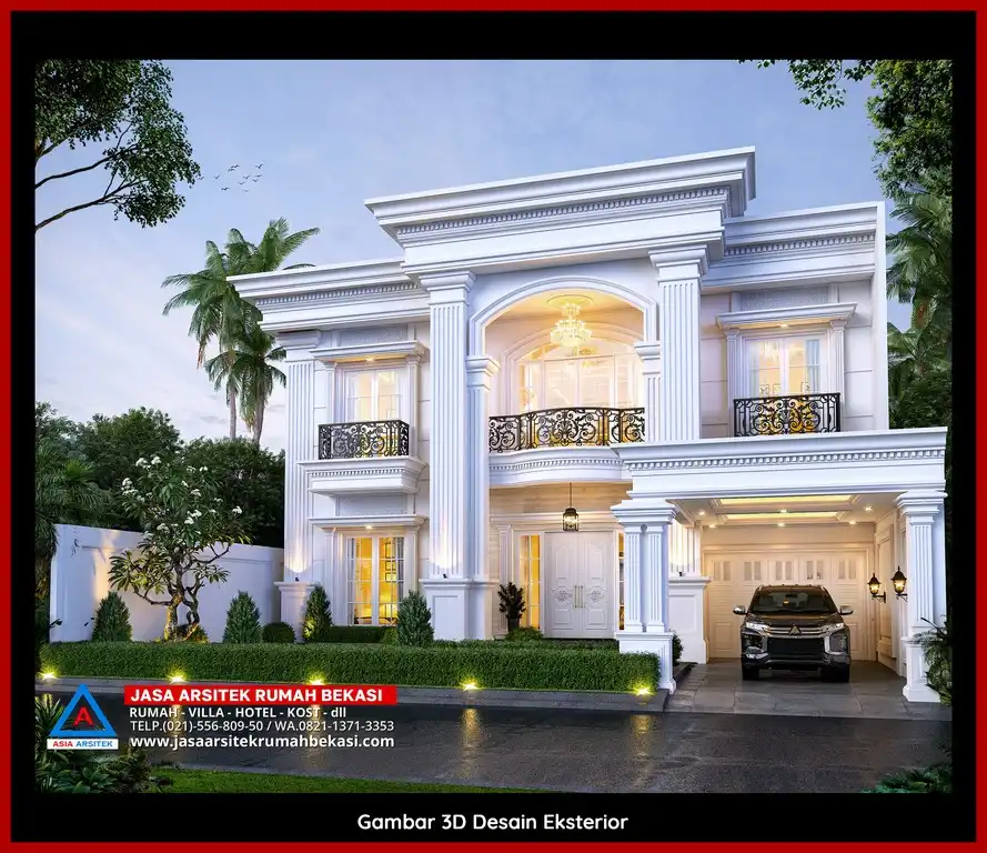 Desain Arsitek 3D rumah klasik 2 lantai di Jatiwaringin Bekasi dengan nuansa mewah dan timeless