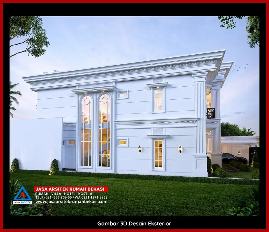 Desain Arsitek 3D rumah klasik 2 lantai di Jatiwaringin Bekasi dengan nuansa mewah dan timeless