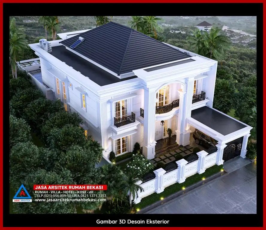 Desain Arsitek 3D rumah klasik 2 lantai di Jatiwaringin Bekasi dengan nuansa mewah dan timeless