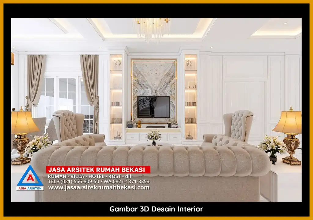 Desain Arsitek 3D rumah klasik 2 lantai di Jatiwaringin Bekasi dengan nuansa mewah dan timeless