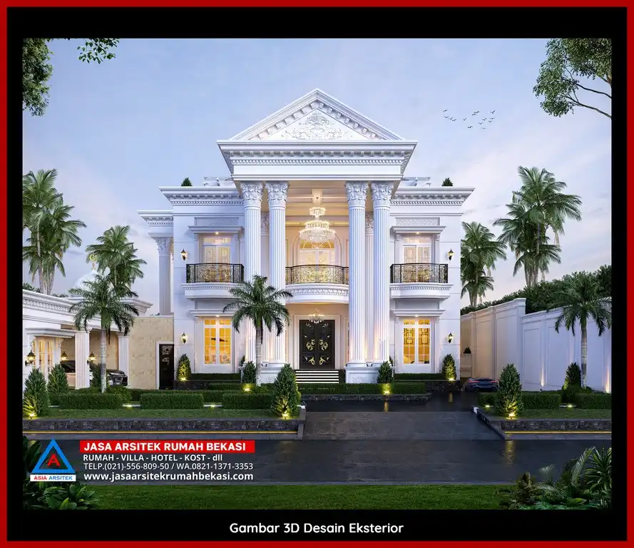 Desain arsitek rumah klasik mewah dengan taman luas dan lanskap indah di Jasa Arsitek Rumah di Jatiwarna Bekasi