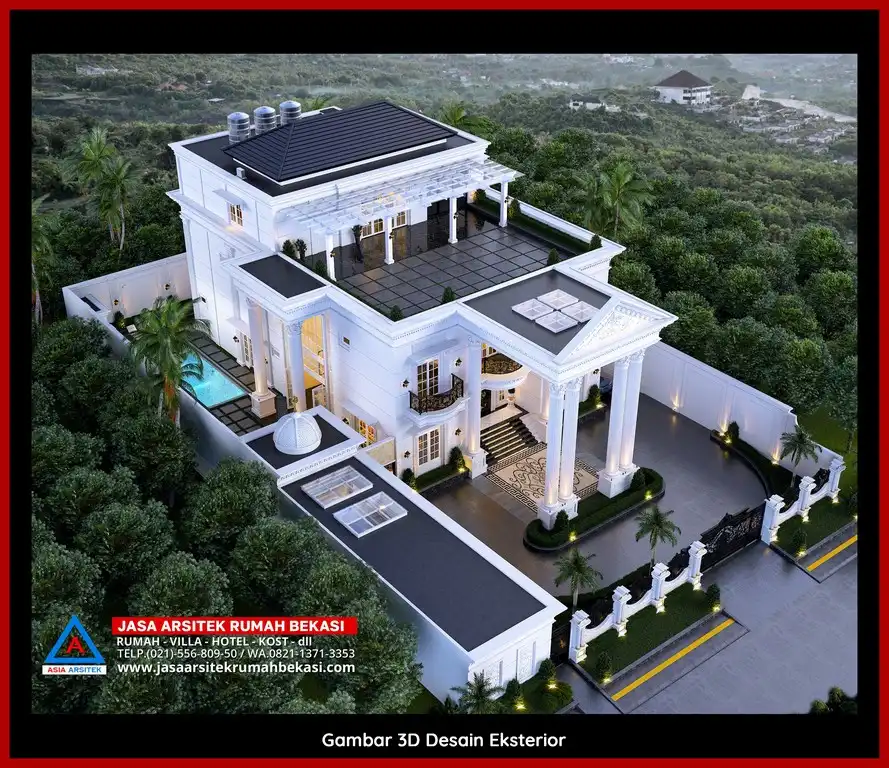 Desain arsitek rumah klasik mewah dengan taman luas dan lanskap indah di Jasa Arsitek Rumah di Jatiwarna Bekasi