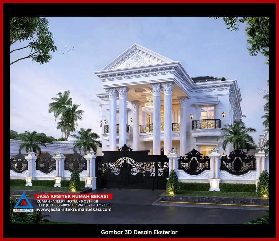 Desain arsitek rumah klasik mewah dengan taman luas dan lanskap indah di Jasa Arsitek Rumah di Jatiwarna Bekasi