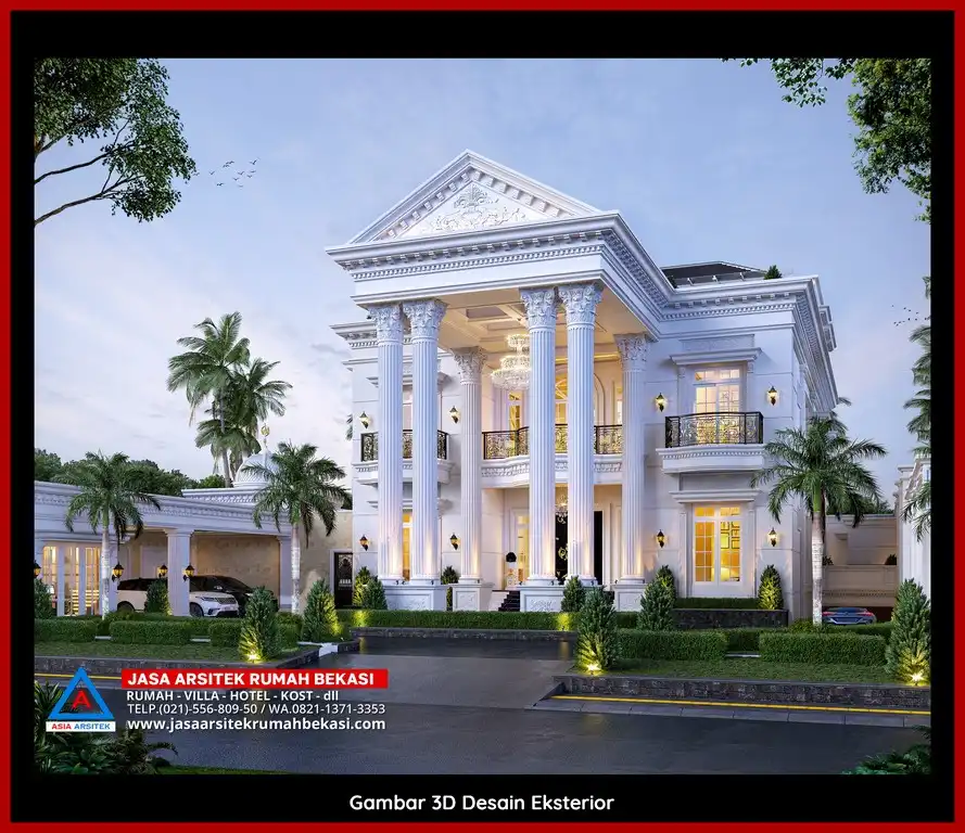 Desain arsitek rumah klasik mewah dengan taman luas dan lanskap indah di Jasa Arsitek Rumah di Jatiwarna Bekasi