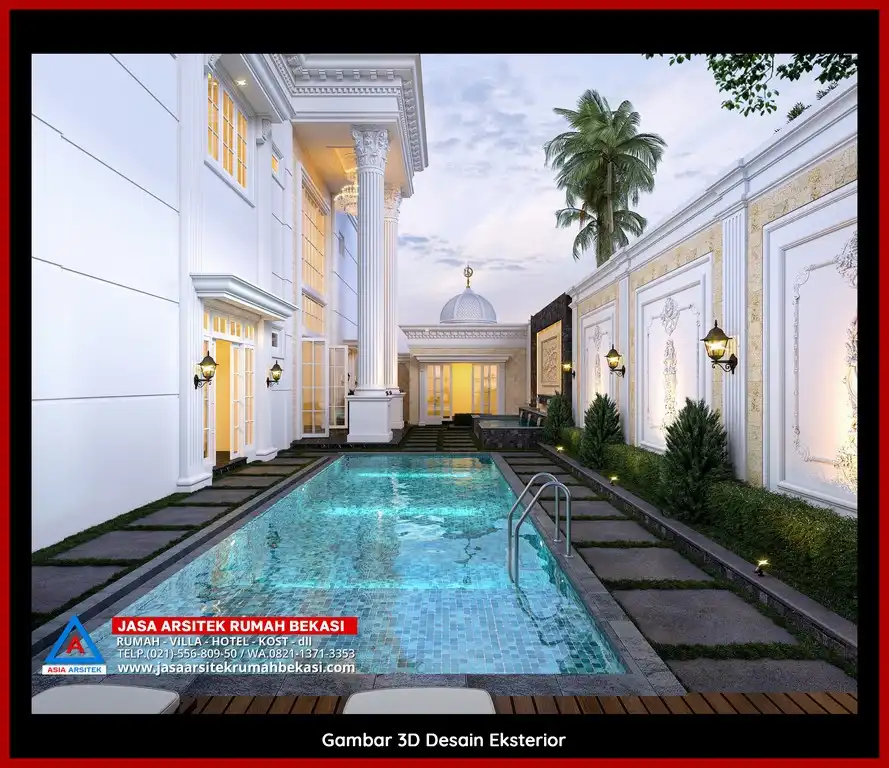 Desain arsitek rumah klasik mewah dengan taman luas dan lanskap indah di Jasa Arsitek Rumah di Jatiwarna Bekasi