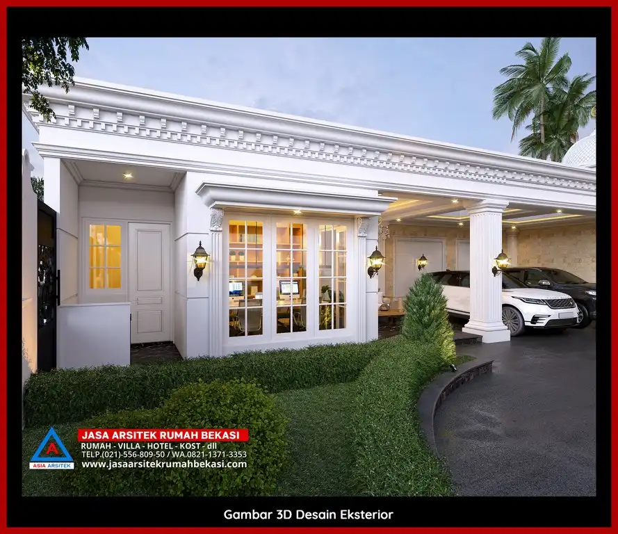 Desain arsitek rumah klasik mewah dengan taman luas dan lanskap indah di Jasa Arsitek Rumah di Jatiwarna Bekasi