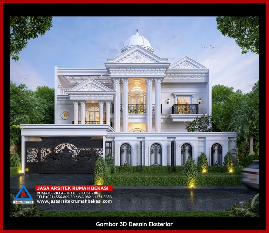 Visualisasi 3D Realistis Gambar arsitek rumah klasik bergaya Eropa di Bantar Gebang Bekasi dengan ornamen mewah