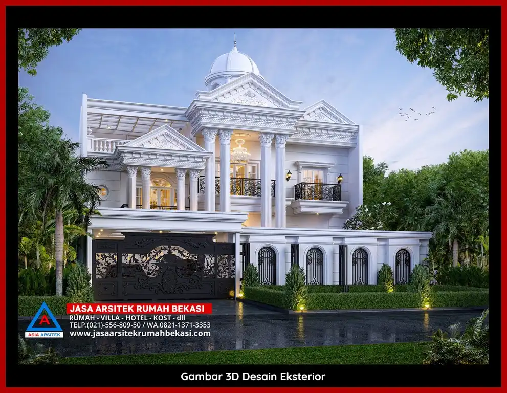 Jasa Desain Arsitek 3D fasad rumah klasik mewah di Kaliabang Tengah Bekasi dengan pilar megah dan detail elegan