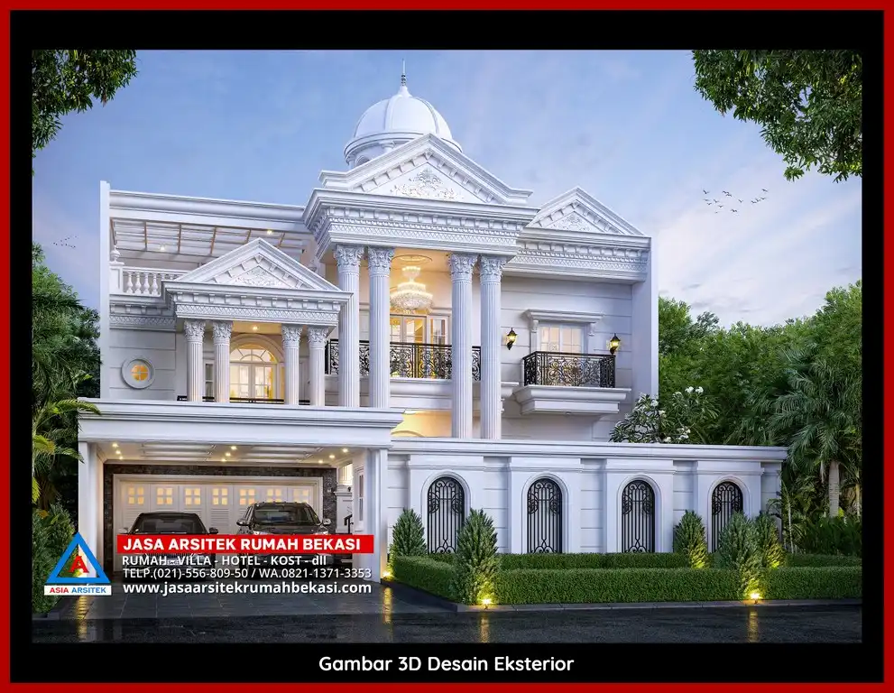 Jasa Desain Arsitek 3D fasad rumah klasik mewah di Kaliabang Tengah Bekasi dengan pilar megah dan detail elegan
