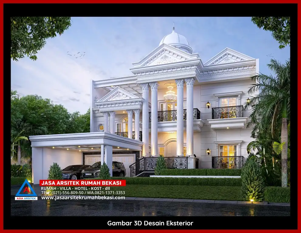 Jasa Desain Arsitek 3D fasad rumah klasik mewah di Kaliabang Tengah Bekasi dengan pilar megah dan detail elegan