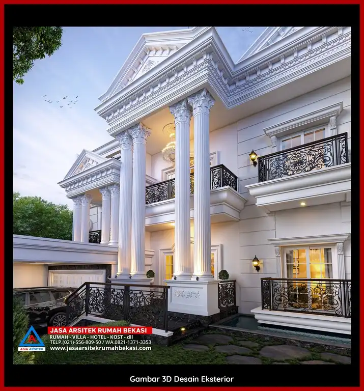 Jasa Desain Arsitek 3D fasad rumah klasik mewah di Kaliabang Tengah Bekasi dengan pilar megah dan detail elegan