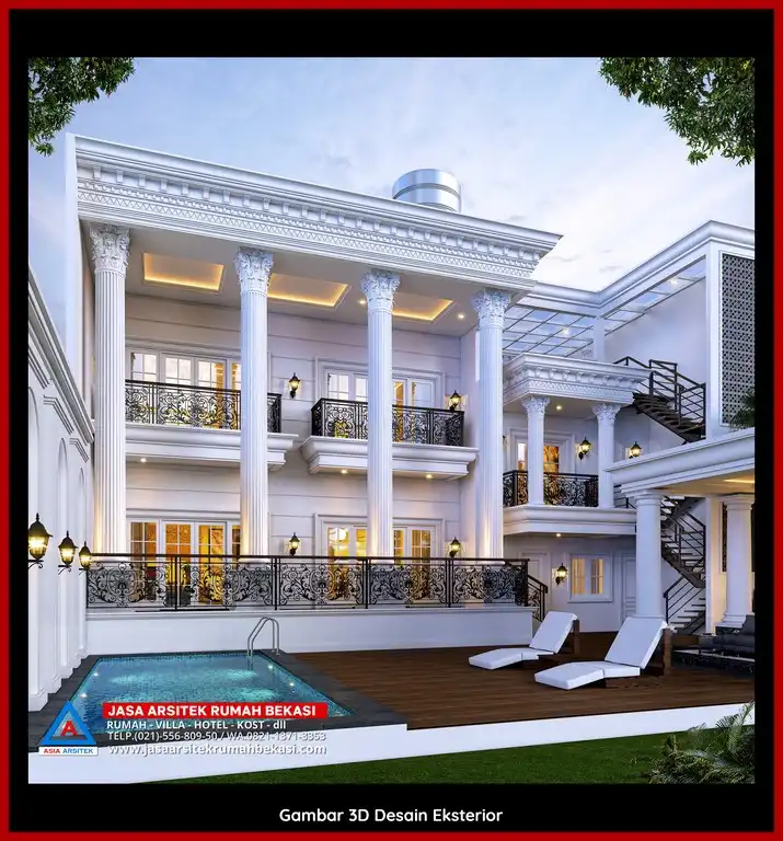 Jasa Desain Arsitek 3D fasad rumah klasik mewah di Kaliabang Tengah Bekasi dengan pilar megah dan detail elegan