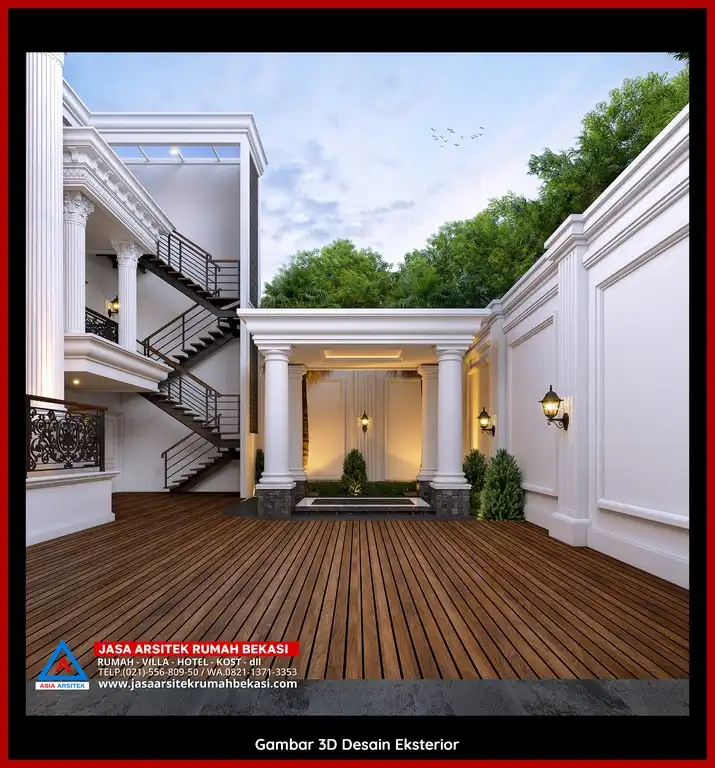 Jasa Desain Arsitek 3D fasad rumah klasik mewah di Kaliabang Tengah Bekasi dengan pilar megah dan detail elegan