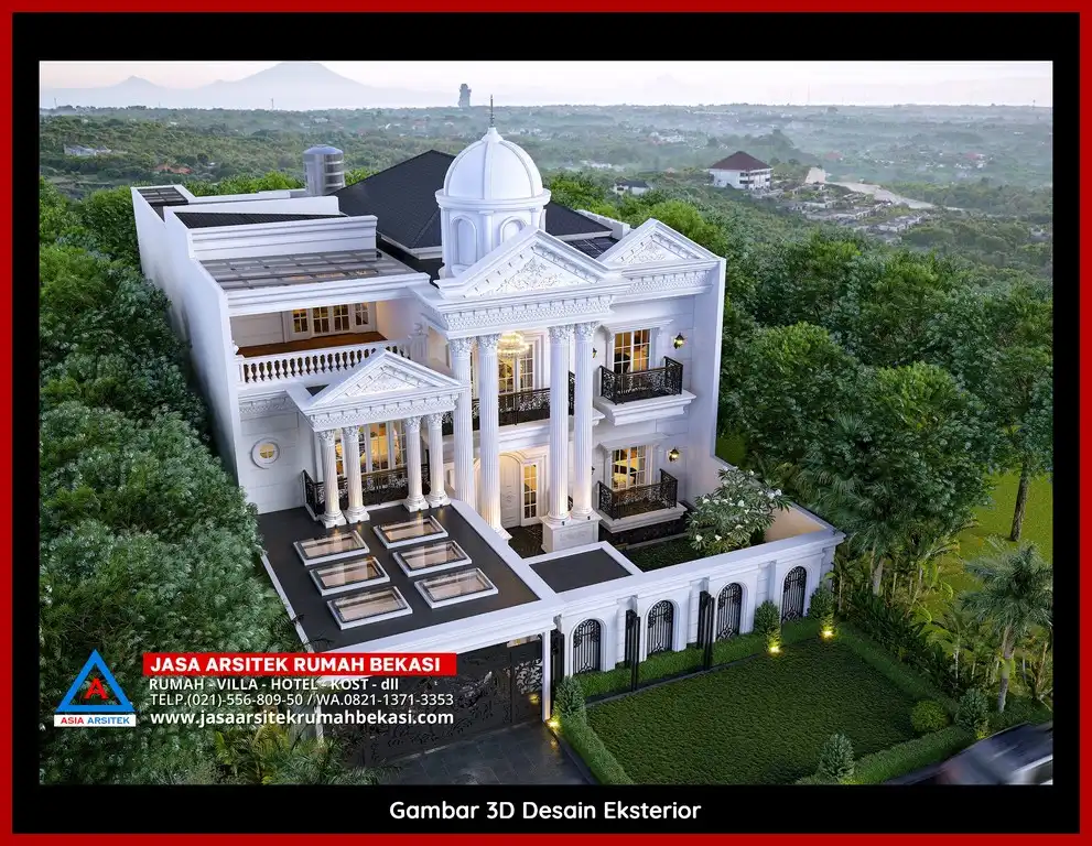 Visualisasi 3D Realistis Gambar arsitek rumah klasik bergaya Eropa di Bantar Gebang Bekasi dengan ornamen mewah