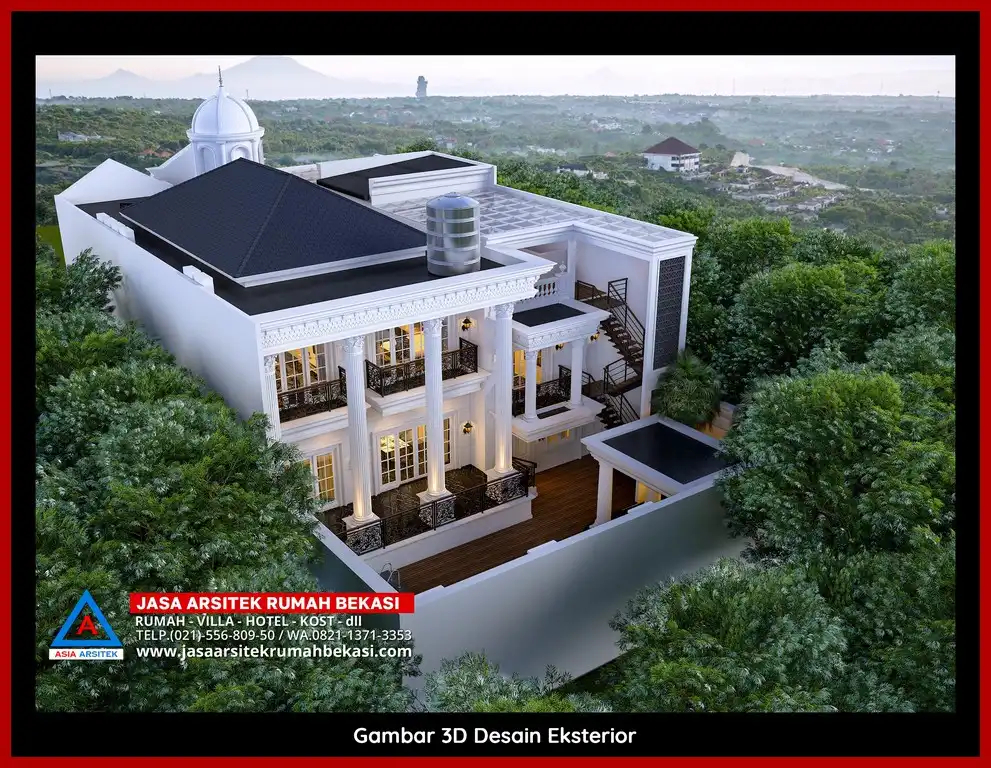 Jasa Desain Arsitek 3D fasad rumah klasik mewah di Kaliabang Tengah Bekasi dengan pilar megah dan detail elegan