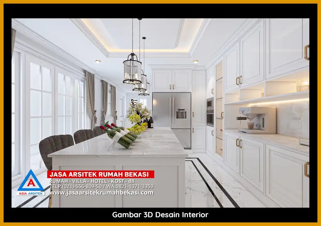 Jasa Desain Arsitek 3D fasad rumah klasik mewah di Kaliabang Tengah Bekasi dengan pilar megah dan detail elegan