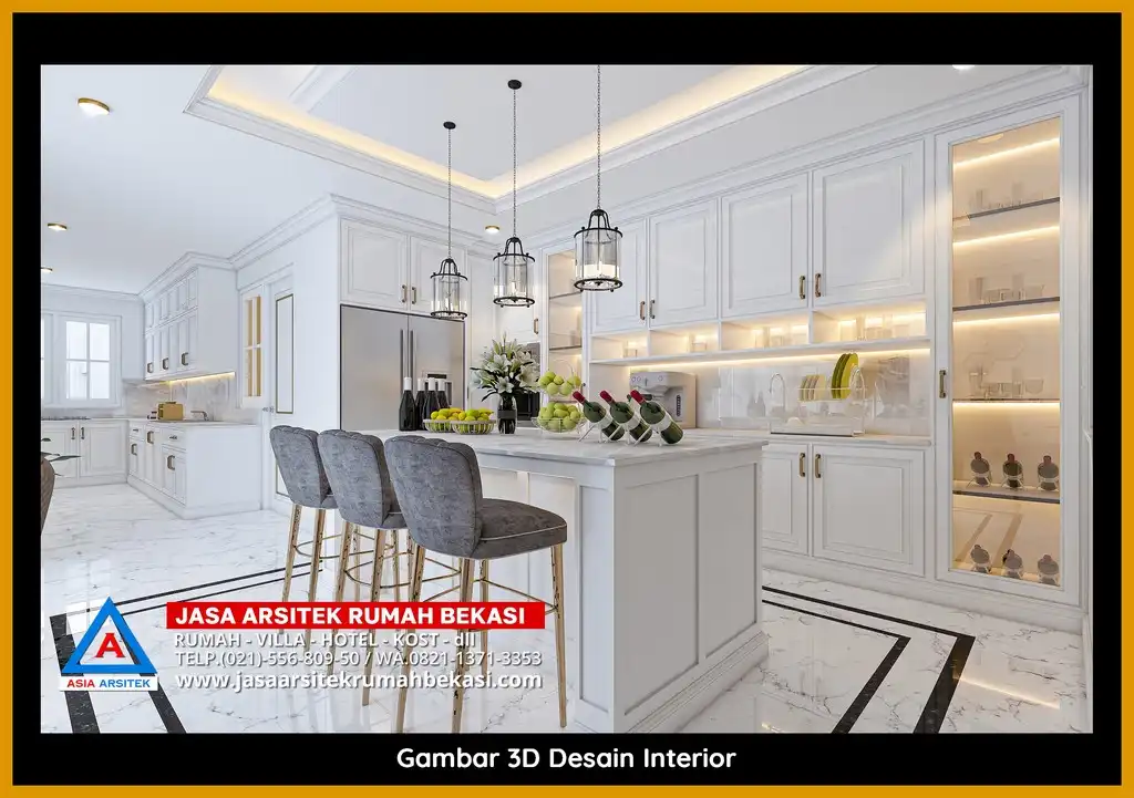 Jasa Desain Arsitek 3D fasad rumah klasik mewah di Kaliabang Tengah Bekasi dengan pilar megah dan detail elegan