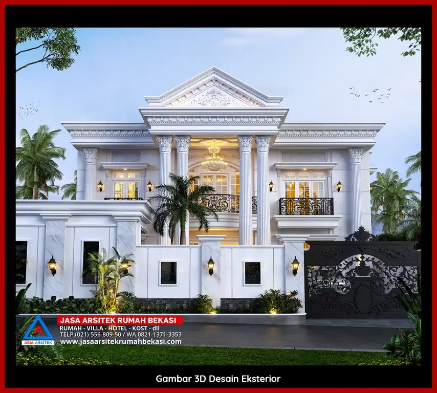 Desain Arsitek 3D rumah klasik 2 lantai di Kalibaru Bekasi dengan nuansa mewah dan timeless