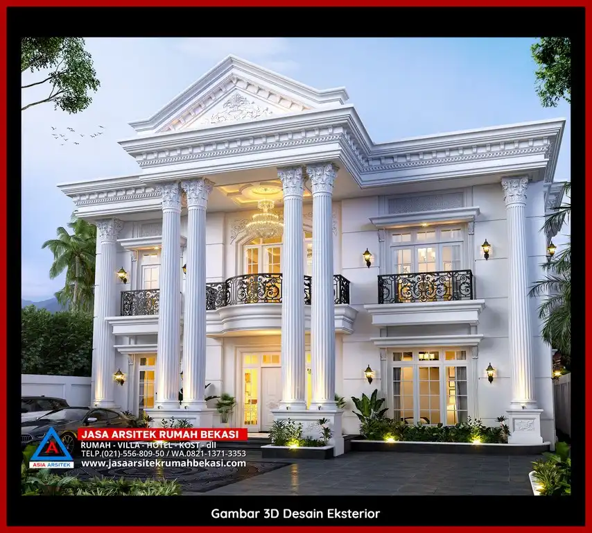 Desain Arsitek 3D rumah klasik 2 lantai di Kalibaru Bekasi dengan nuansa mewah dan timeless