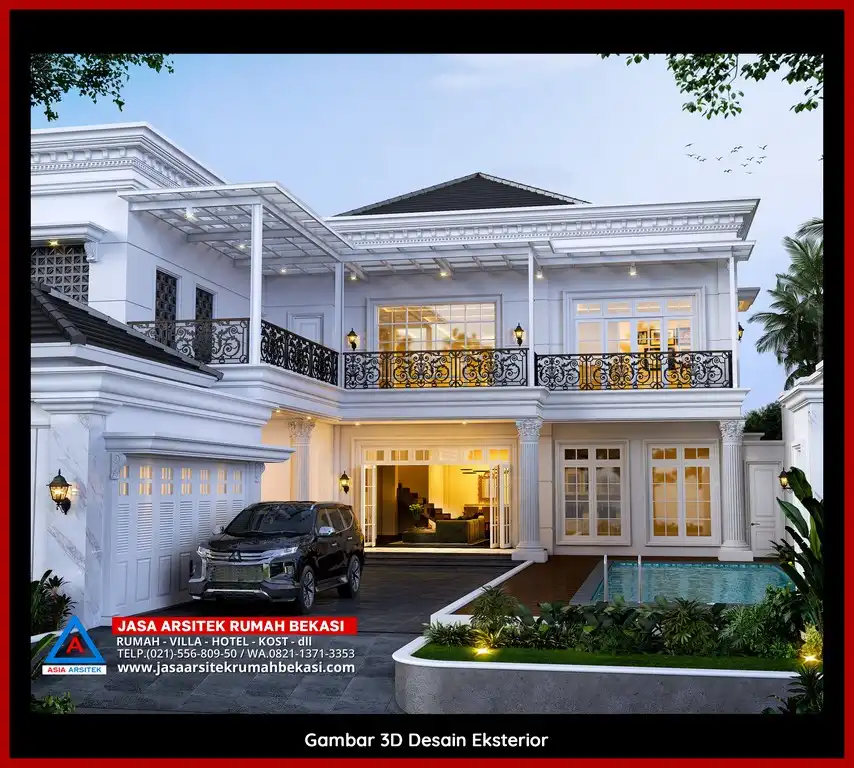 Desain Arsitek 3D rumah klasik 2 lantai di Kalibaru Bekasi dengan nuansa mewah dan timeless