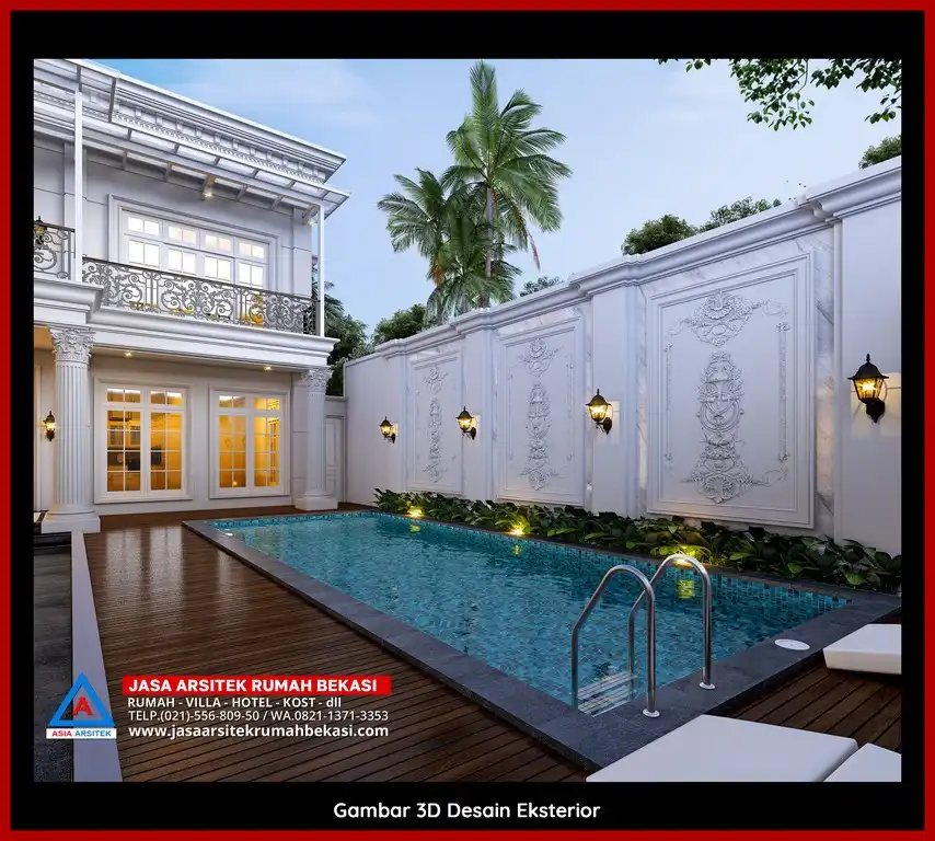 Desain Arsitek 3D rumah klasik 2 lantai di Kalibaru Bekasi dengan nuansa mewah dan timeless