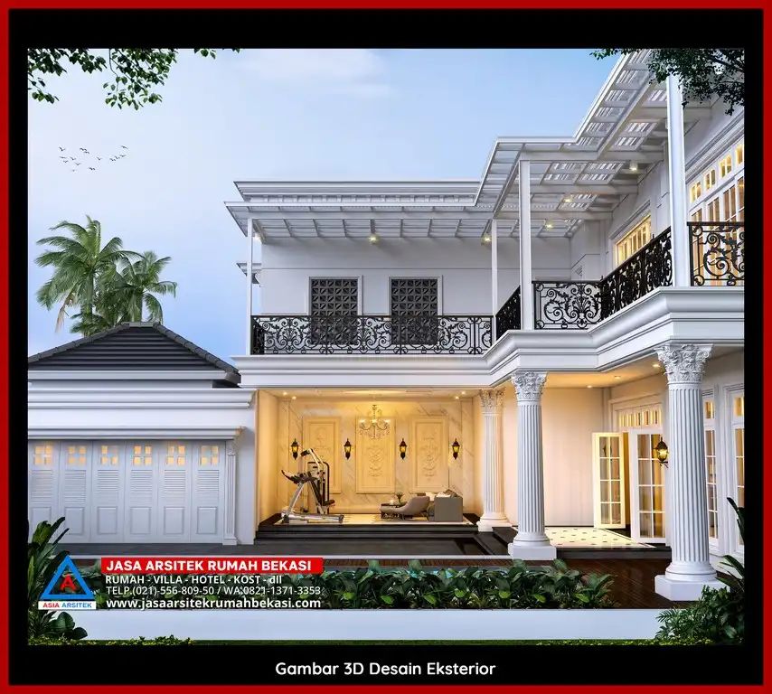Desain Arsitek 3D rumah klasik 2 lantai di Kalibaru Bekasi dengan nuansa mewah dan timeless