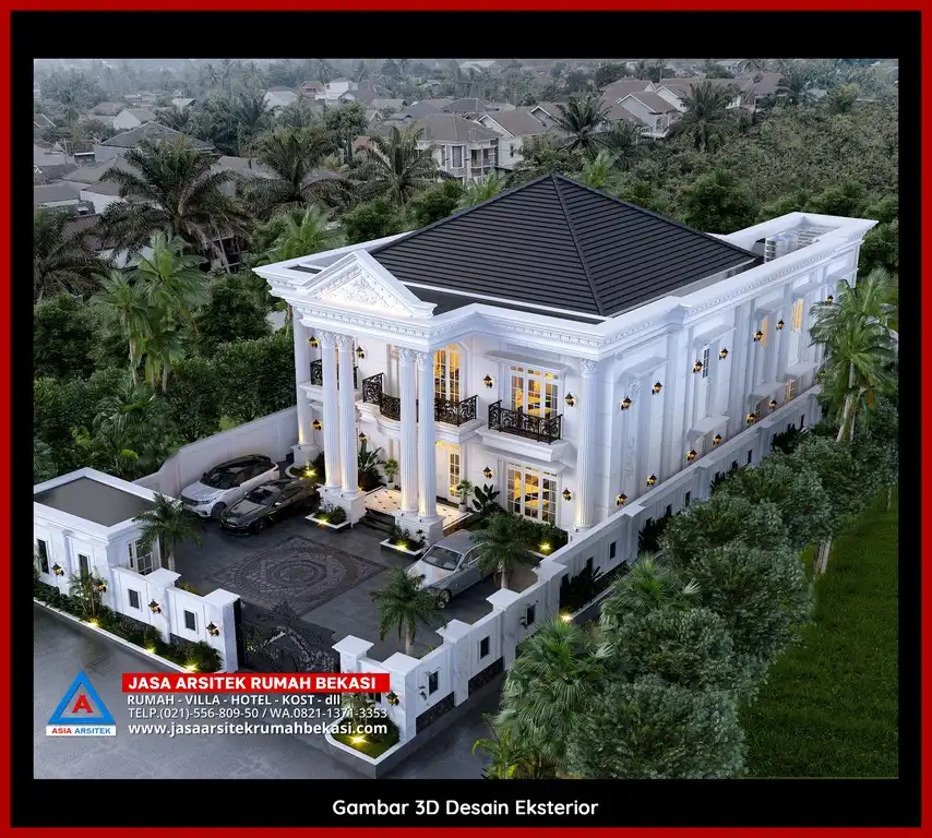 Desain Arsitek 3D rumah klasik 2 lantai di Kalibaru Bekasi dengan nuansa mewah dan timeless