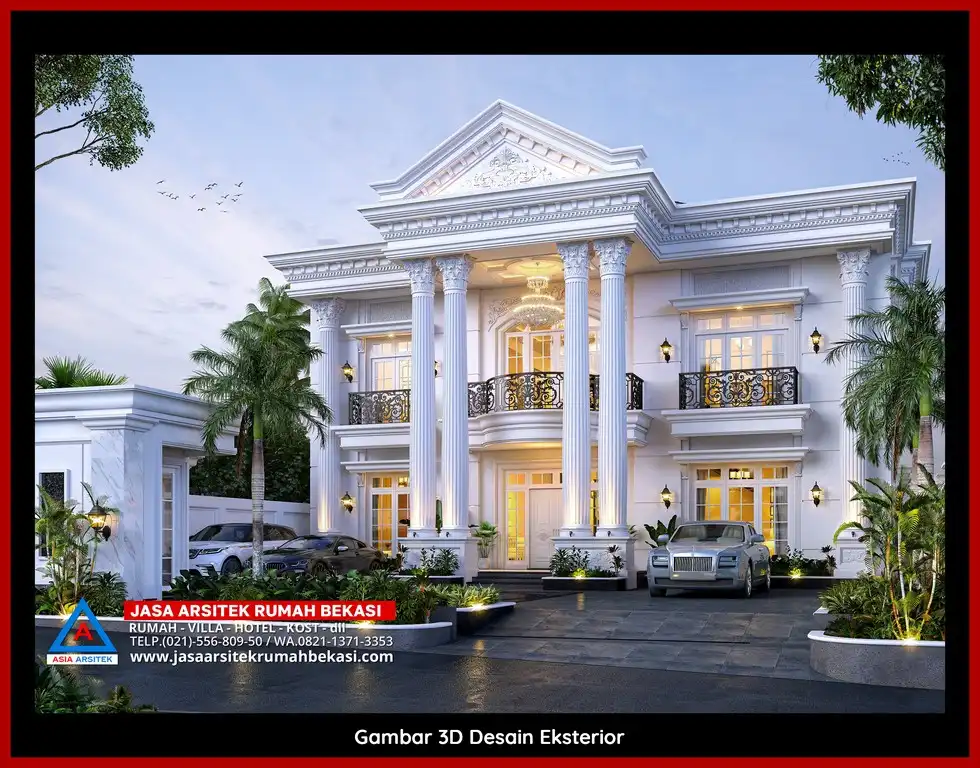 Desain Arsitek 3D rumah klasik 2 lantai di Kalibaru Bekasi dengan nuansa mewah dan timeless