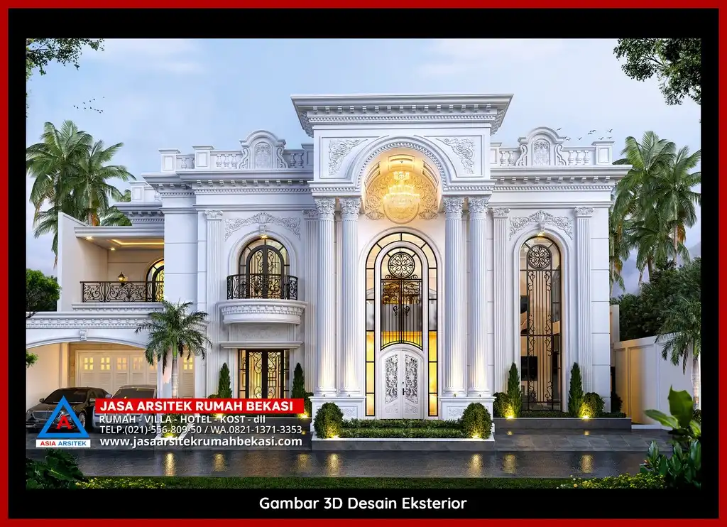Jasa Desain Arsitek 3D fasad rumah klasik mewah di Kota Baru Bekasi Bekasi dengan pilar megah dan detail elegan
