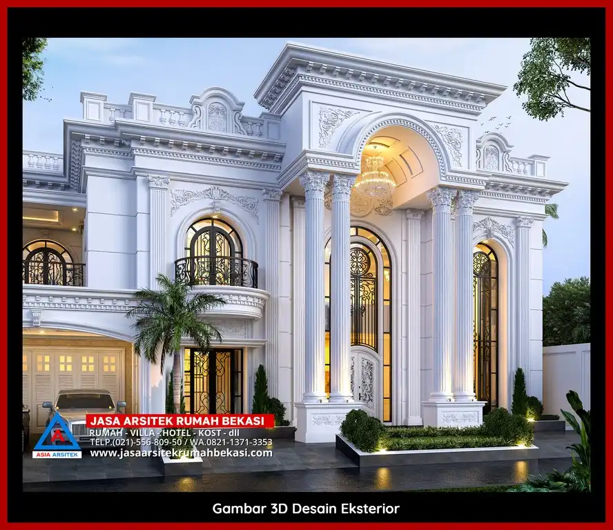 Jasa Desain Arsitek 3D fasad rumah klasik mewah di Kota Baru Bekasi Bekasi dengan pilar megah dan detail elegan