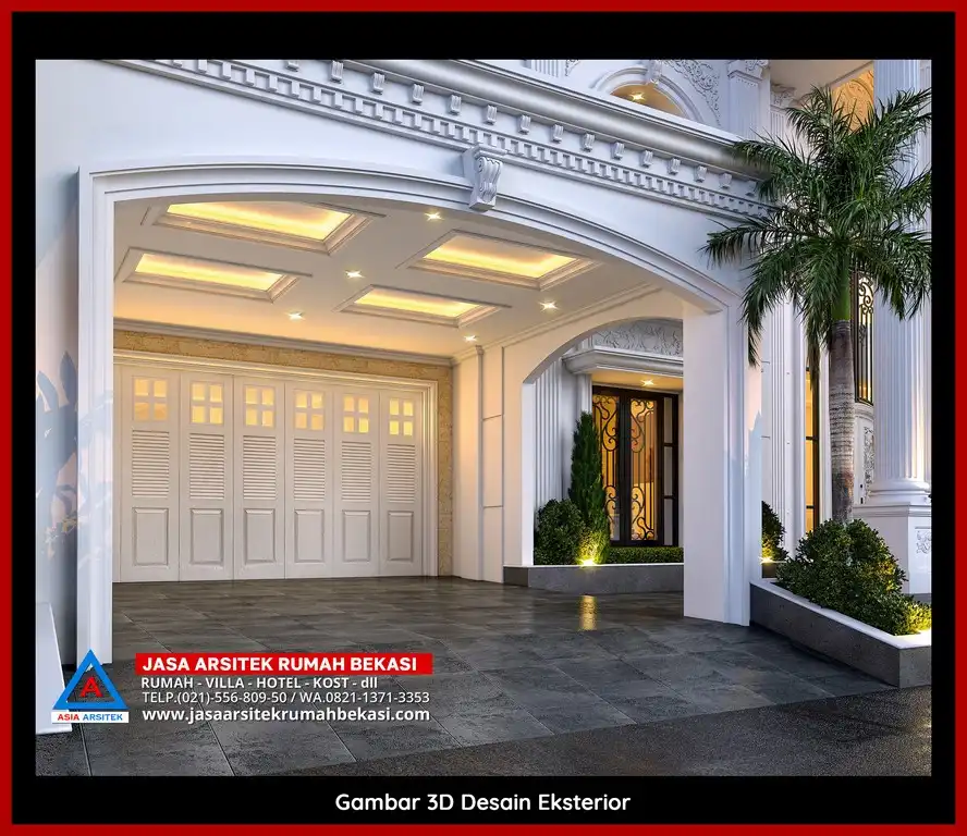 Jasa Desain Arsitek 3D fasad rumah klasik mewah di Kota Baru Bekasi Bekasi dengan pilar megah dan detail elegan