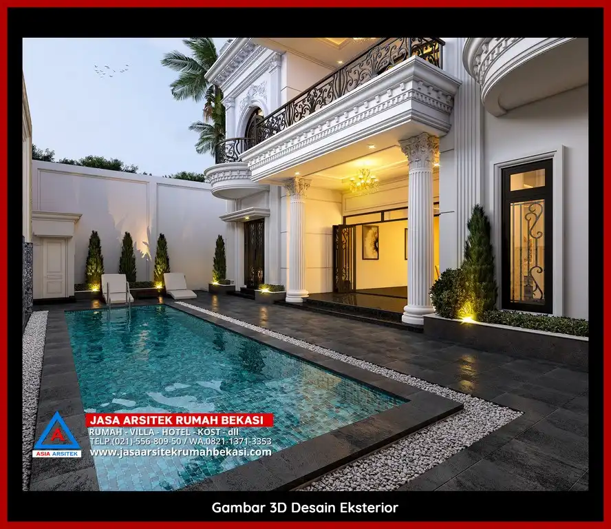 Jasa Desain Arsitek 3D fasad rumah klasik mewah di Kota Baru Bekasi Bekasi dengan pilar megah dan detail elegan