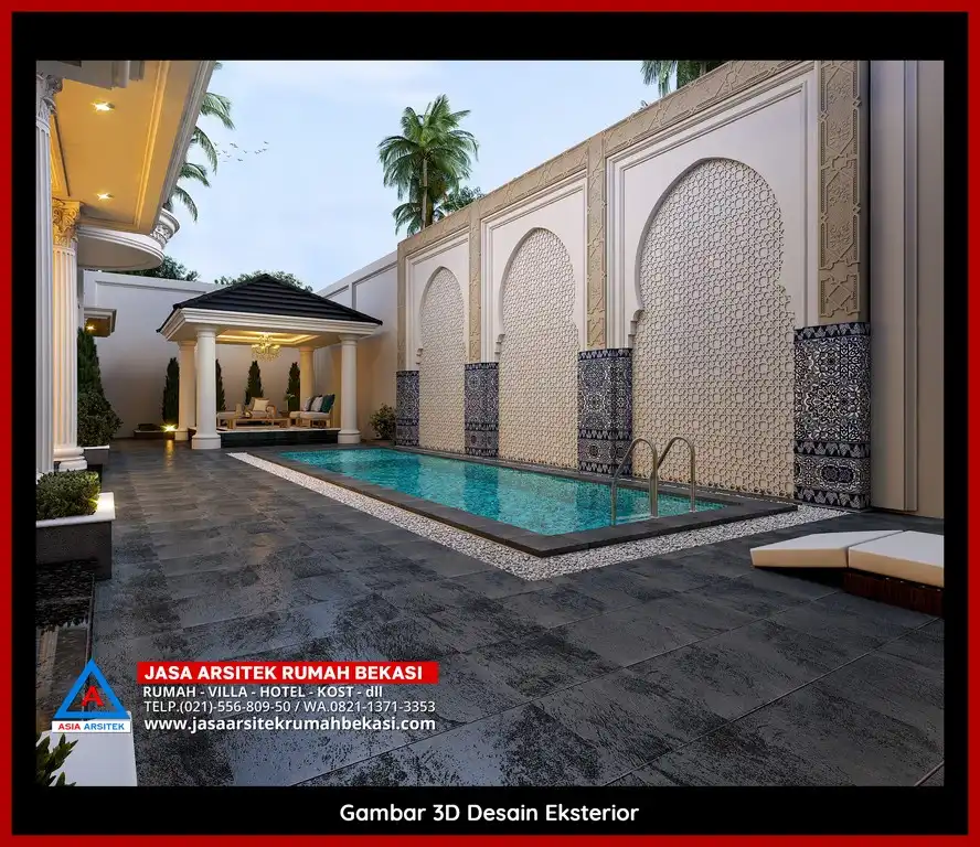 Jasa Desain Arsitek 3D fasad rumah klasik mewah di Kota Baru Bekasi Bekasi dengan pilar megah dan detail elegan
