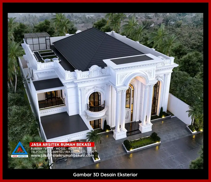 Jasa Desain Arsitek 3D fasad rumah klasik mewah di Kota Baru Bekasi Bekasi dengan pilar megah dan detail elegan