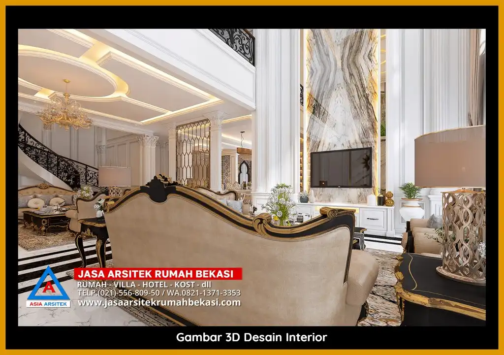 Jasa Desain Arsitek 3D fasad rumah klasik mewah di Kota Baru Bekasi Bekasi dengan pilar megah dan detail elegan