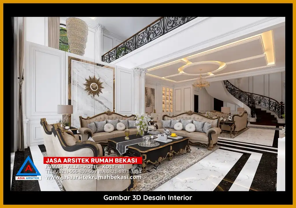Jasa Desain Arsitek 3D fasad rumah klasik mewah di Kota Baru Bekasi Bekasi dengan pilar megah dan detail elegan
