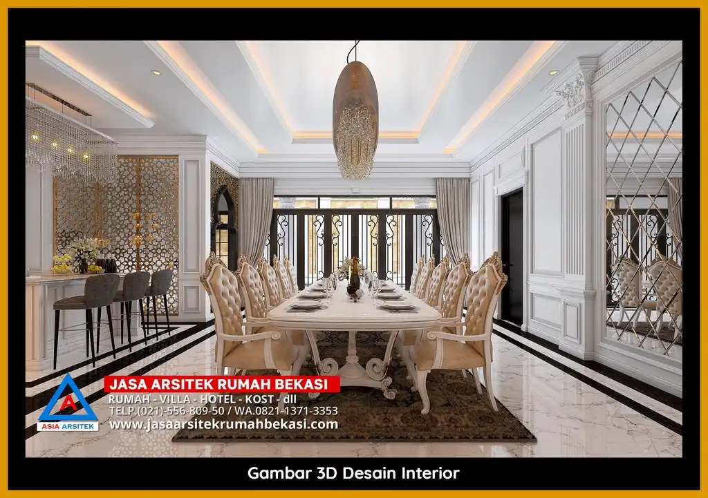 Jasa Desain Arsitek 3D fasad rumah klasik mewah di Kota Baru Bekasi Bekasi dengan pilar megah dan detail elegan