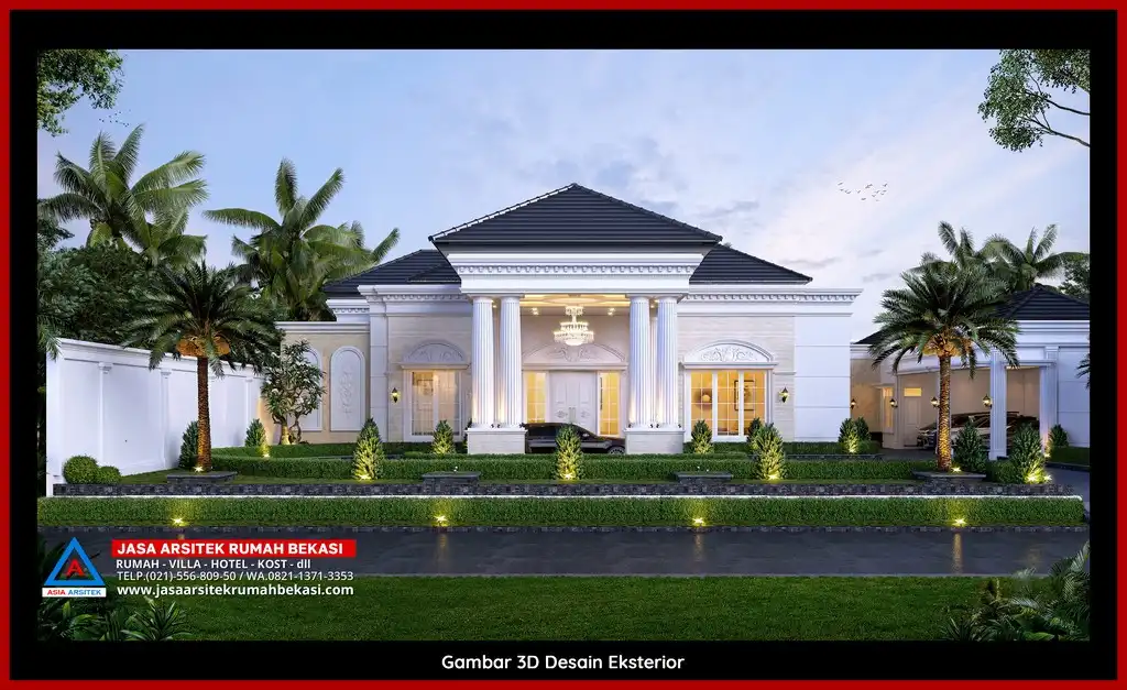 Desain arsitek rumah klasik mewah dengan taman luas dan lanskap indah di Marga Jaya Bekasi