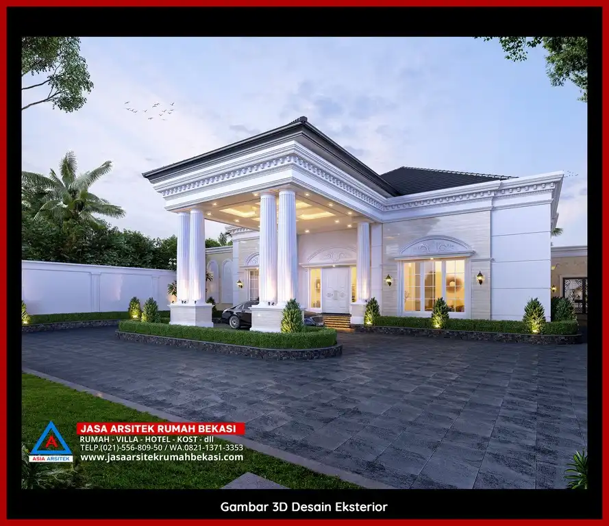 Desain arsitek rumah klasik mewah dengan taman luas dan lanskap indah di Marga Jaya Bekasi