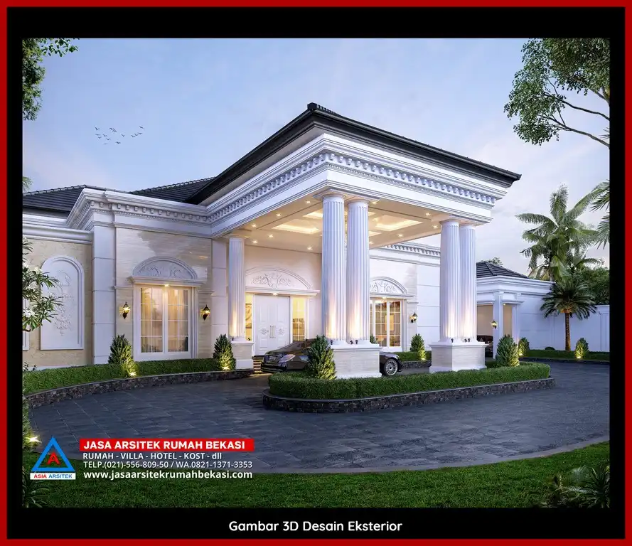 Desain arsitek rumah klasik mewah dengan taman luas dan lanskap indah di Marga Jaya Bekasi