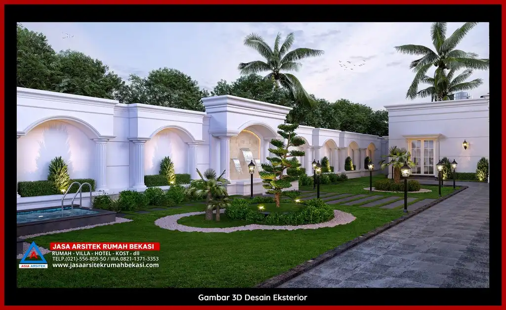 Desain arsitek rumah klasik mewah dengan taman luas dan lanskap indah di Marga Jaya Bekasi