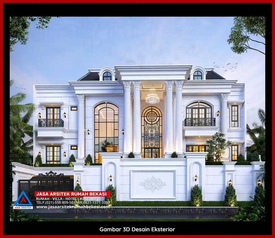 Jasa Konsultasi Gratis 3D fasad rumah klasik mewah di Marga Mulya Bekasi dengan pilar megah dan detail elegan