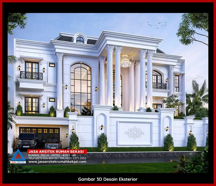 Jasa Konsultasi Gratis 3D fasad rumah klasik mewah di Marga Mulya Bekasi dengan pilar megah dan detail elegan