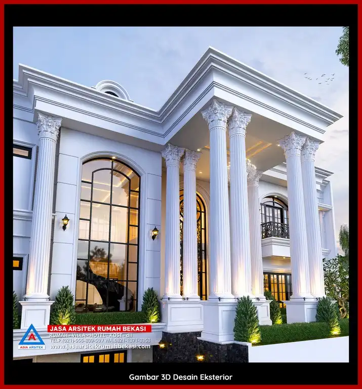 Jasa Konsultasi Gratis 3D fasad rumah klasik mewah di Marga Mulya Bekasi dengan pilar megah dan detail elegan