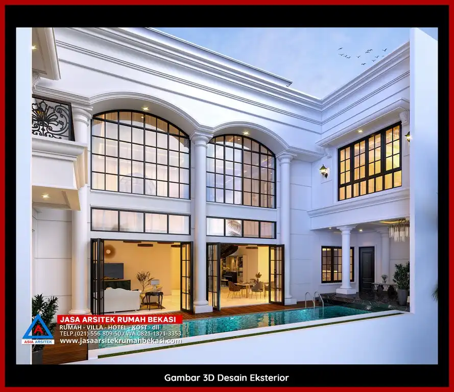 Jasa Konsultasi Gratis 3D fasad rumah klasik mewah di Marga Mulya Bekasi dengan pilar megah dan detail elegan